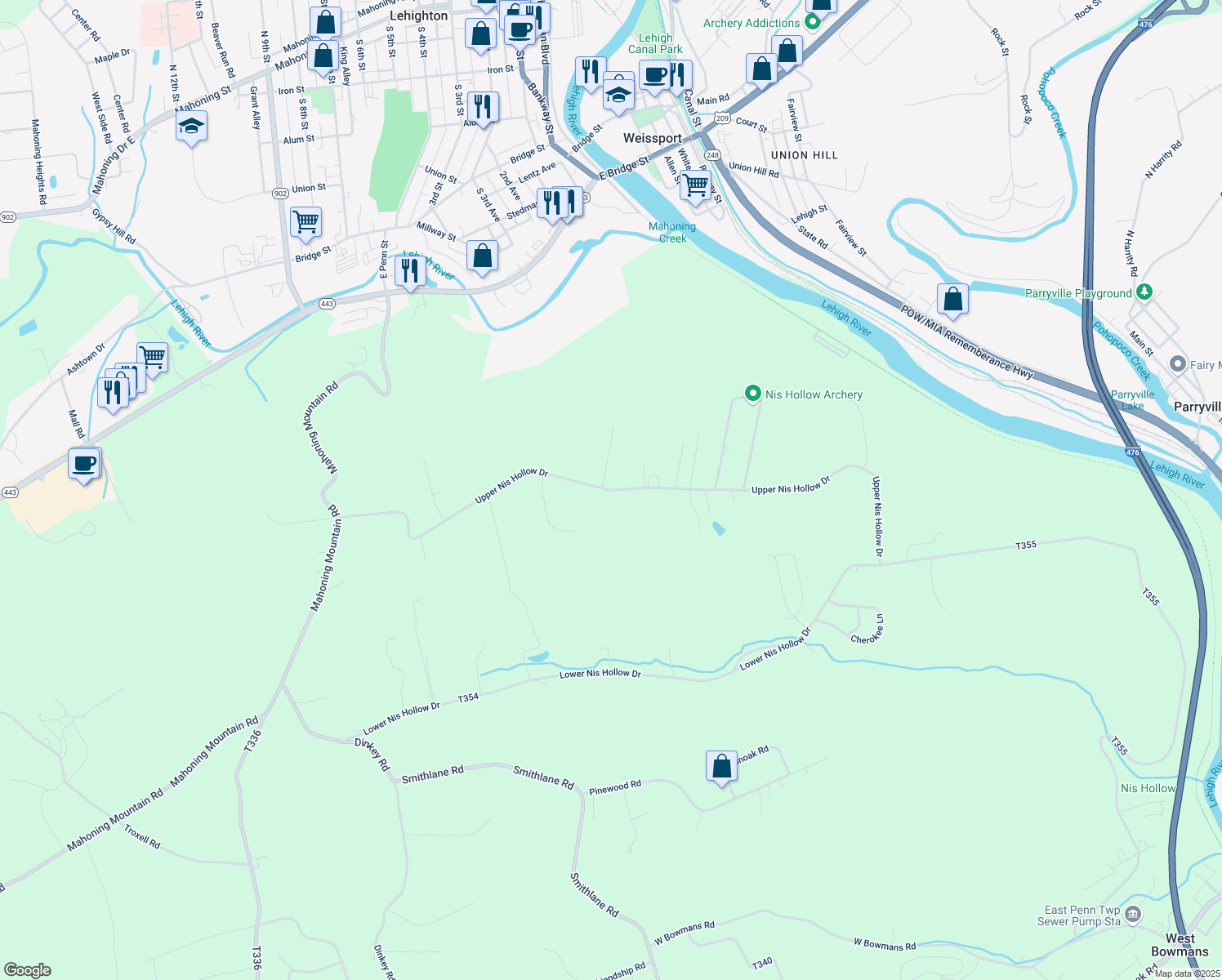 map of restaurants, bars, coffee shops, grocery stores, and more near Upper Nis Hollow Drive in Lehighton