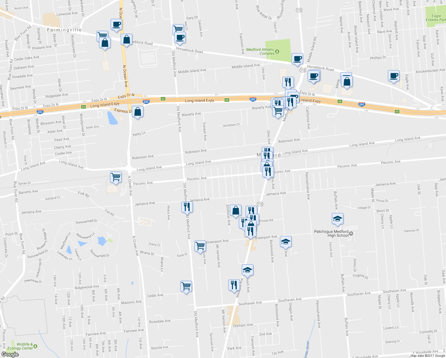 map of restaurants, bars, coffee shops, grocery stores, and more near 264 Peconic Avenue in Medford