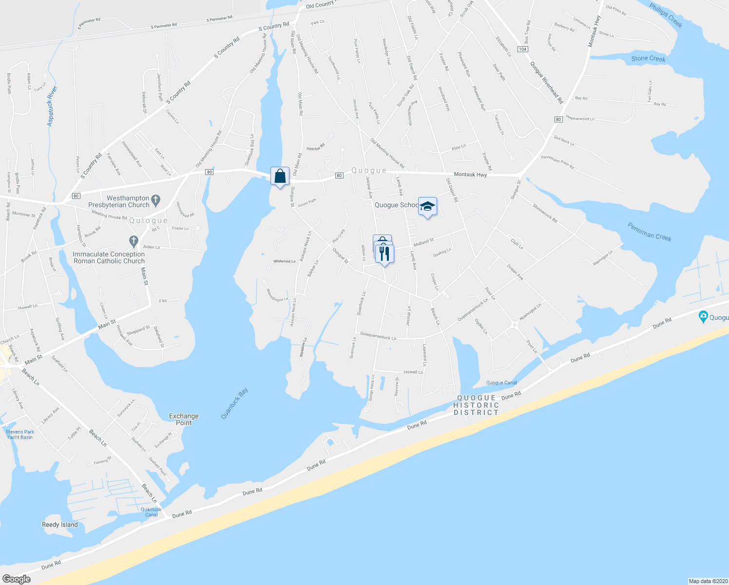 map of restaurants, bars, coffee shops, grocery stores, and more near 6 Quantuck Lane in Quogue