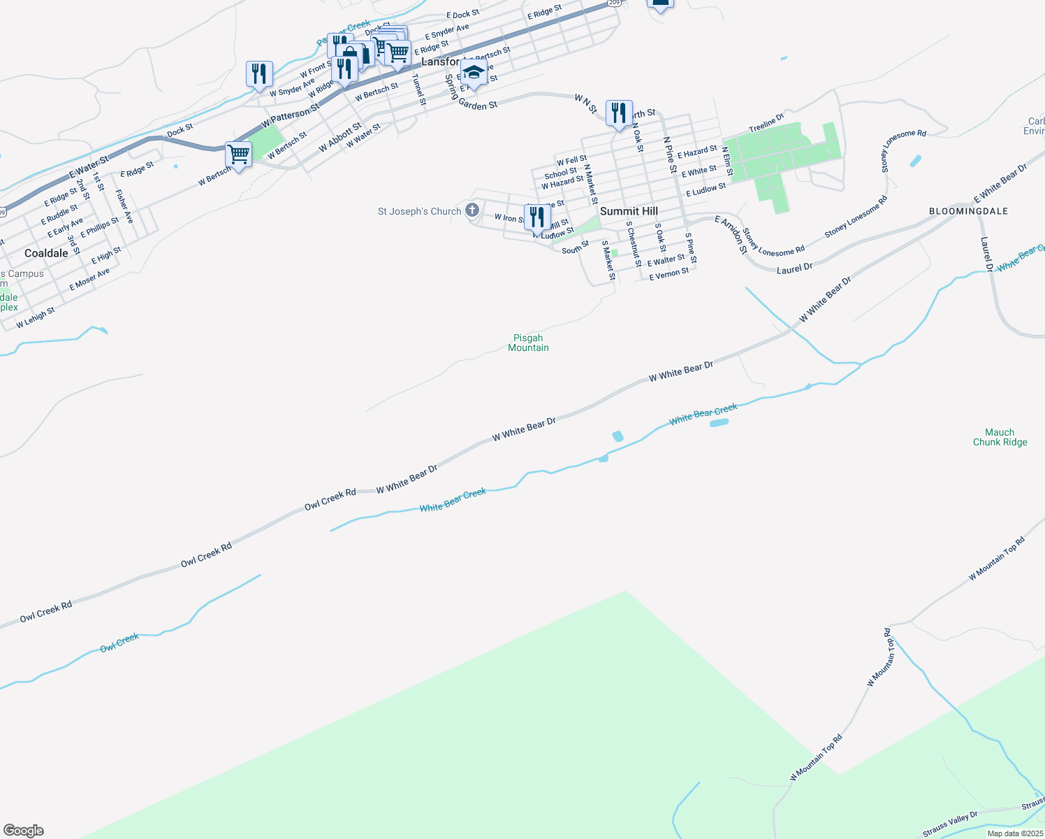 map of restaurants, bars, coffee shops, grocery stores, and more near 572 West White Bear Drive in Summit Hill