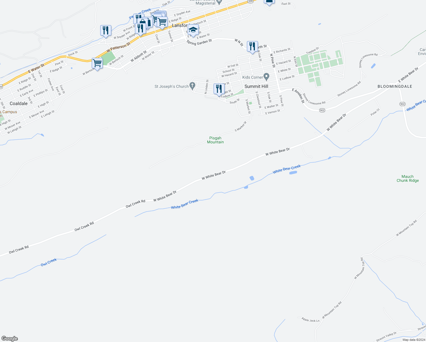 map of restaurants, bars, coffee shops, grocery stores, and more near 572 West White Bear Drive in Summit Hill