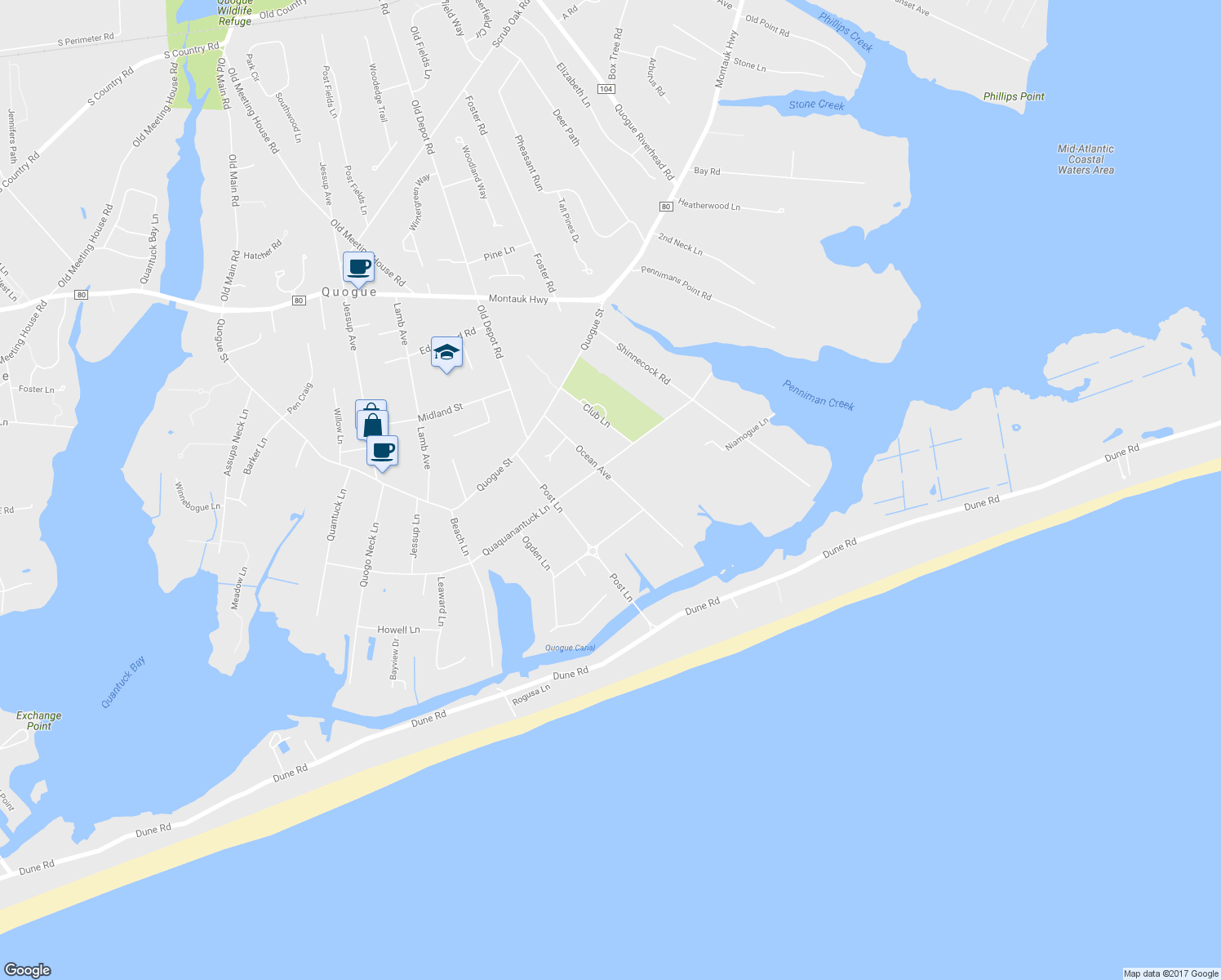 map of restaurants, bars, coffee shops, grocery stores, and more near 19 Ocean Avenue in East Quogue
