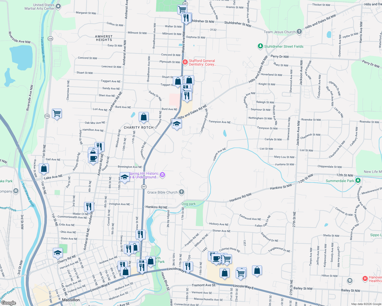 map of restaurants, bars, coffee shops, grocery stores, and more near 1410 Prairie Circle Northeast in Massillon