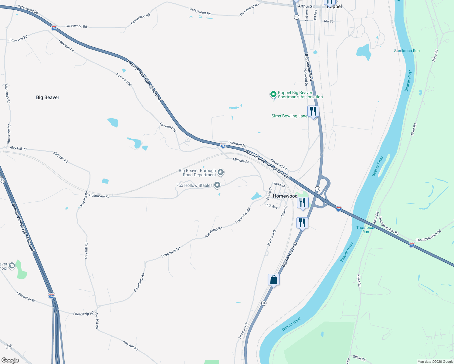 map of restaurants, bars, coffee shops, grocery stores, and more near 204 Hollowvue Road in Wampum