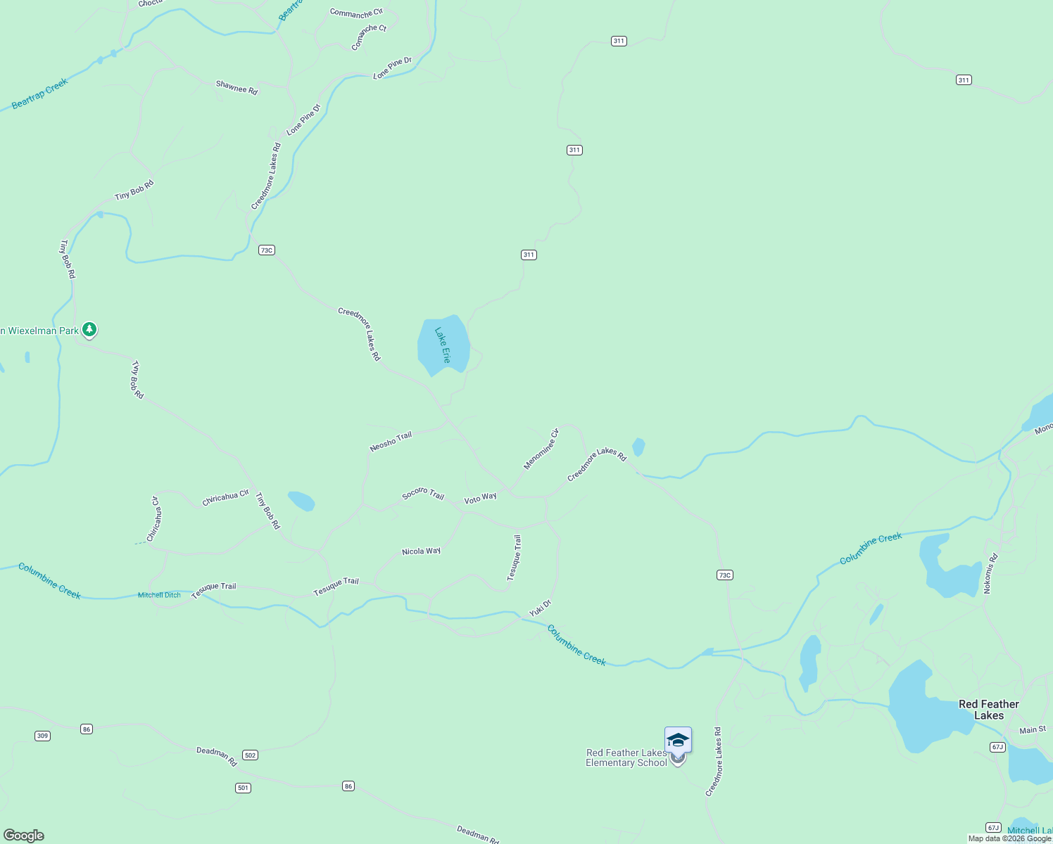 map of restaurants, bars, coffee shops, grocery stores, and more near 78 Kikima Court in Red Feather Lakes