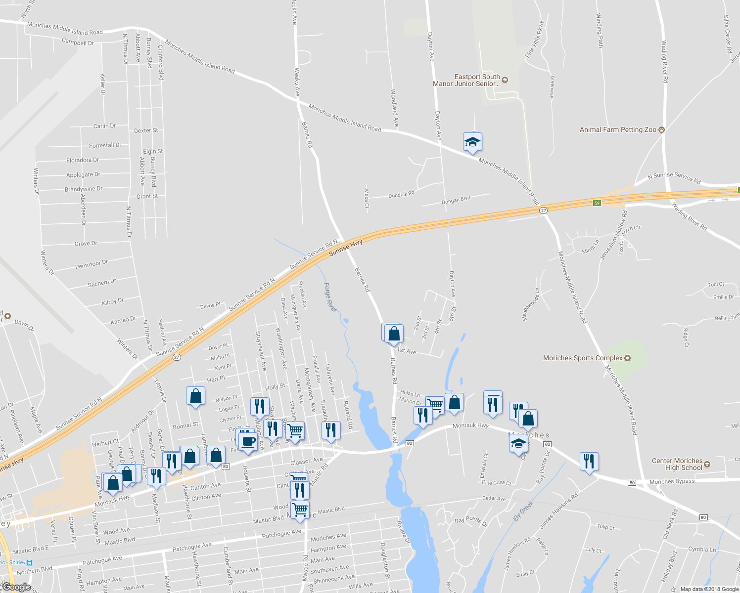 map of restaurants, bars, coffee shops, grocery stores, and more near 140 Barnes Road in Moriches