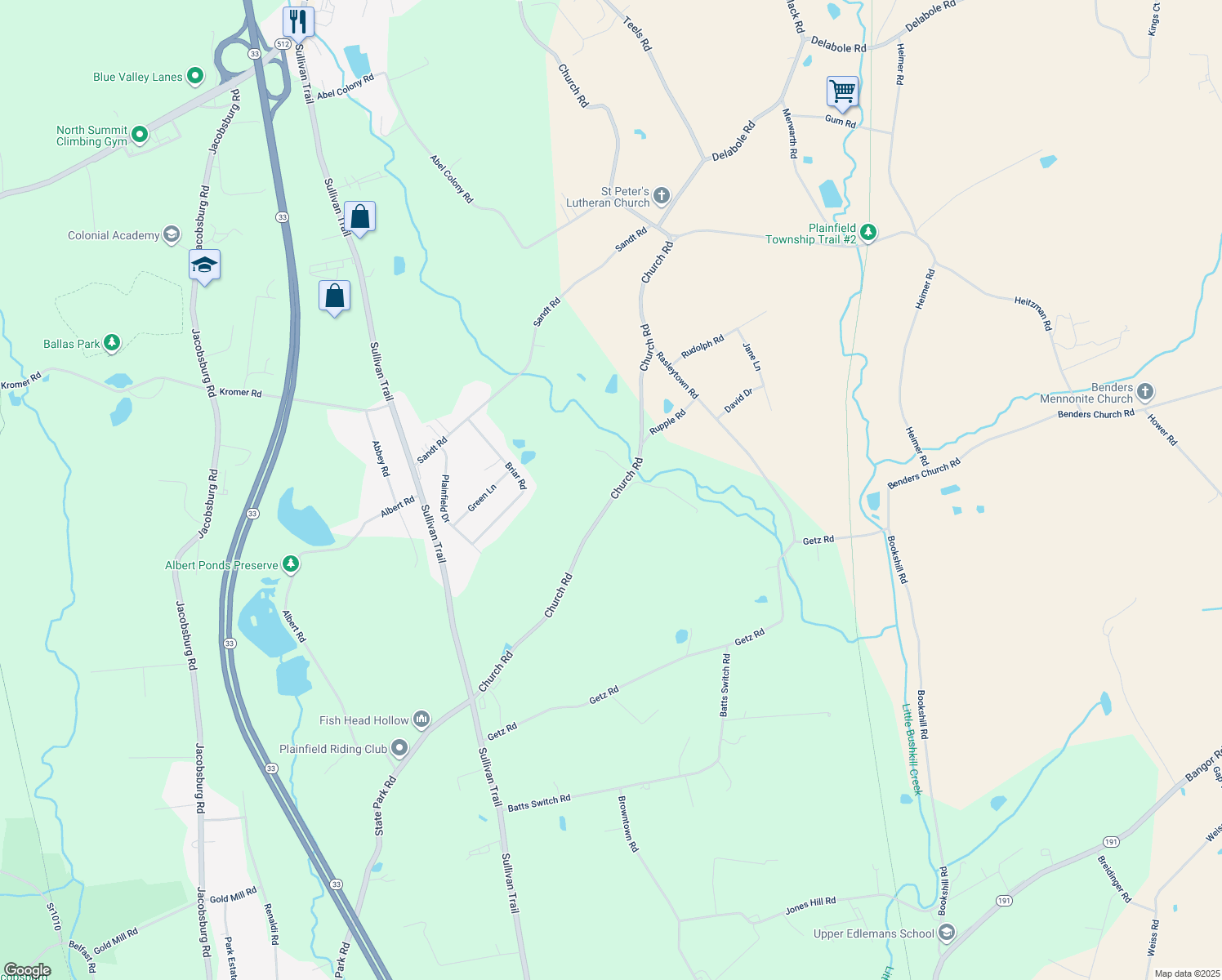 map of restaurants, bars, coffee shops, grocery stores, and more near 1249 Church Rd in Pen Argyl