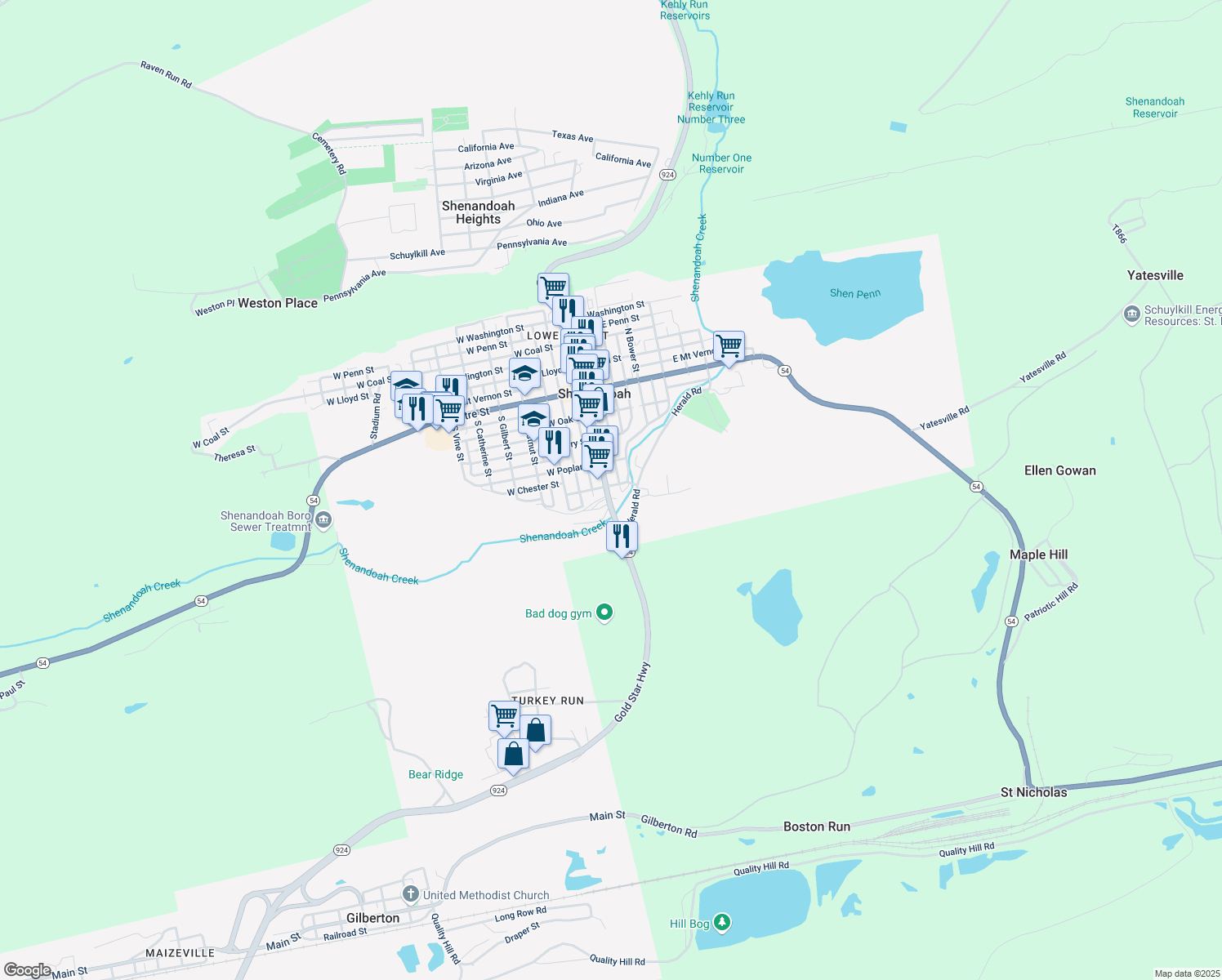 map of restaurants, bars, coffee shops, grocery stores, and more near 403 South Main Street in Shenandoah