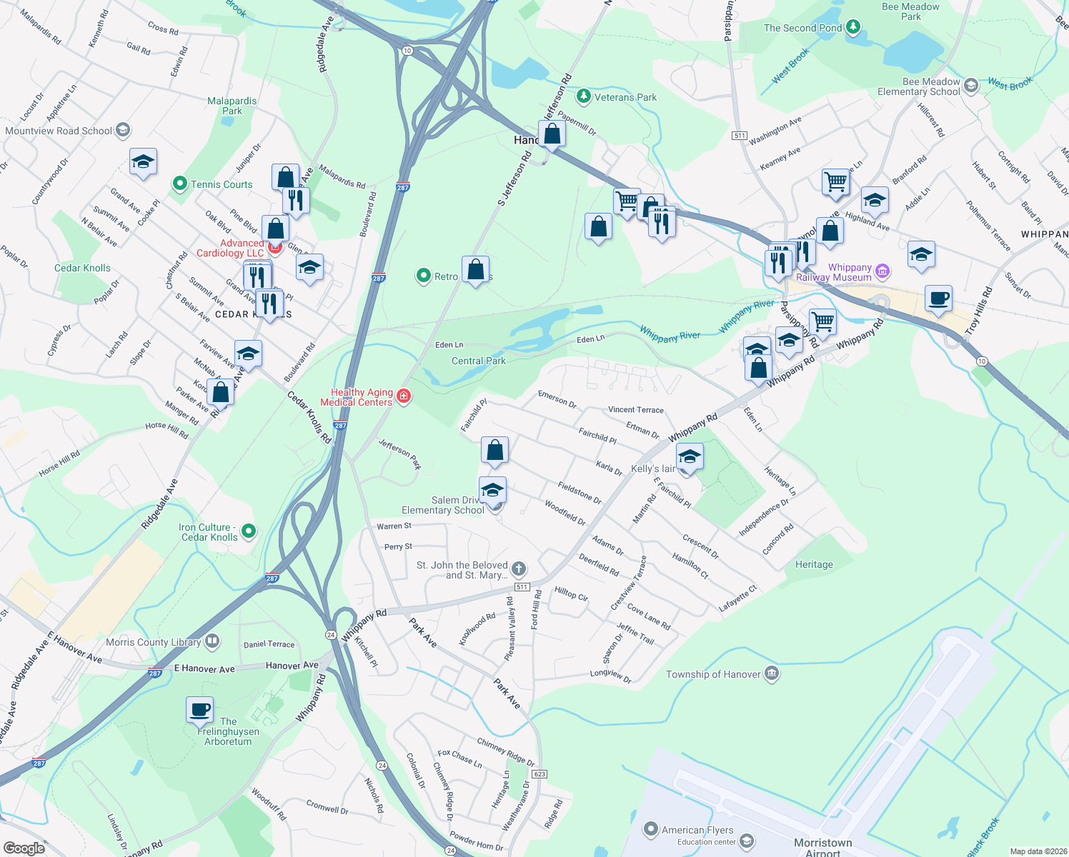 map of restaurants, bars, coffee shops, grocery stores, and more near 6 Thea Place in Hanover
