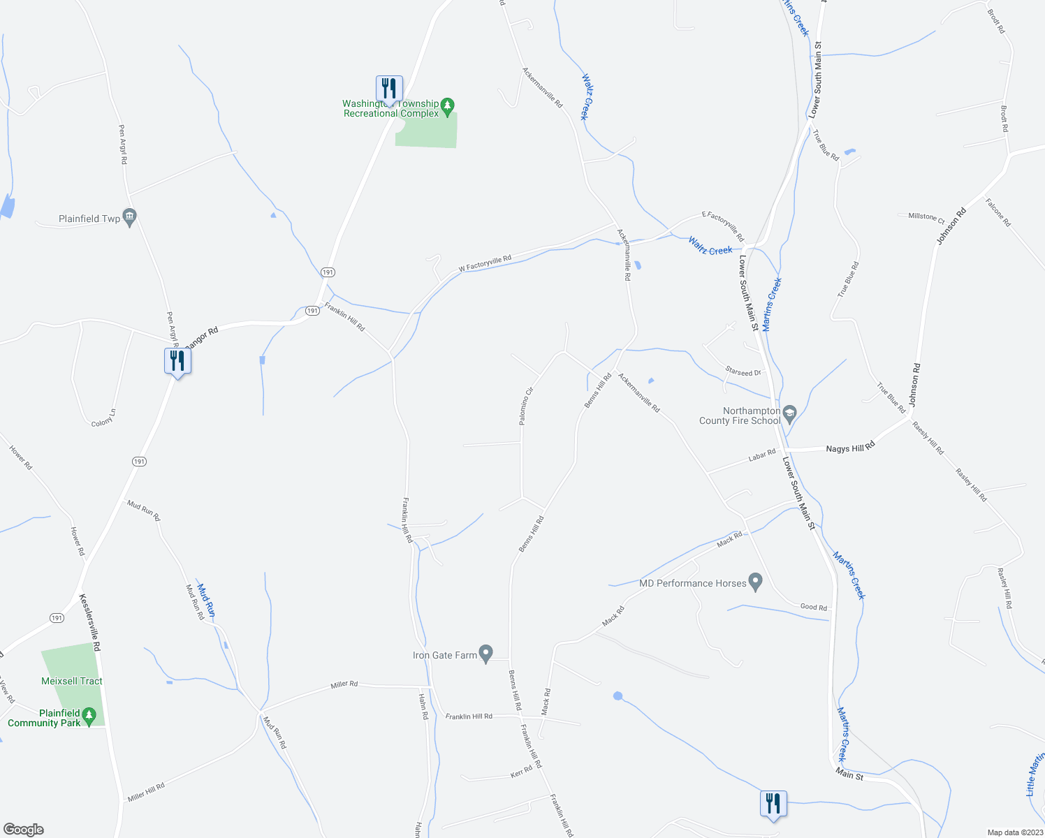 map of restaurants, bars, coffee shops, grocery stores, and more near 106 Palomino Circle in Bangor