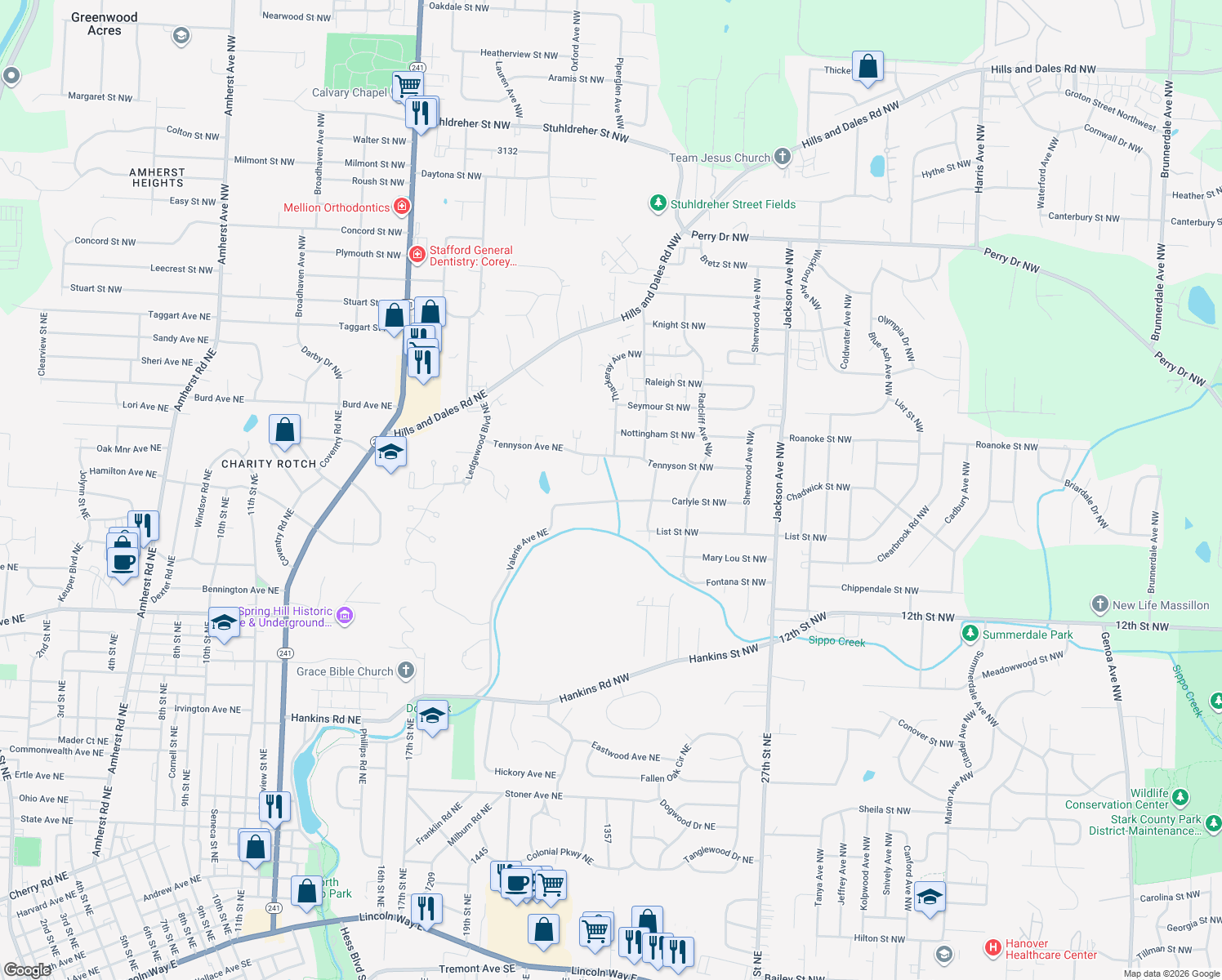 map of restaurants, bars, coffee shops, grocery stores, and more near 2150 Carlyle Street Northwest in Massillon