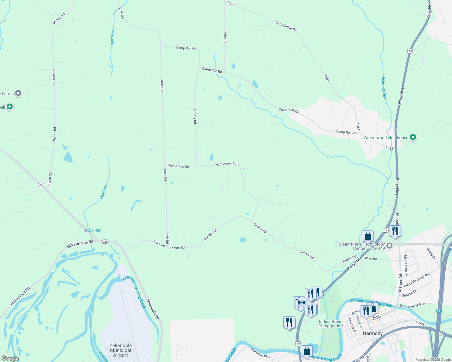 map of restaurants, bars, coffee shops, grocery stores, and more near 100 Mathew Drive in Harmony