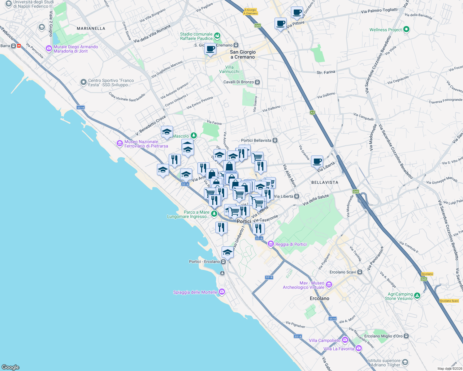 map of restaurants, bars, coffee shops, grocery stores, and more near 54 Via Guglielmo Marconi in Portici