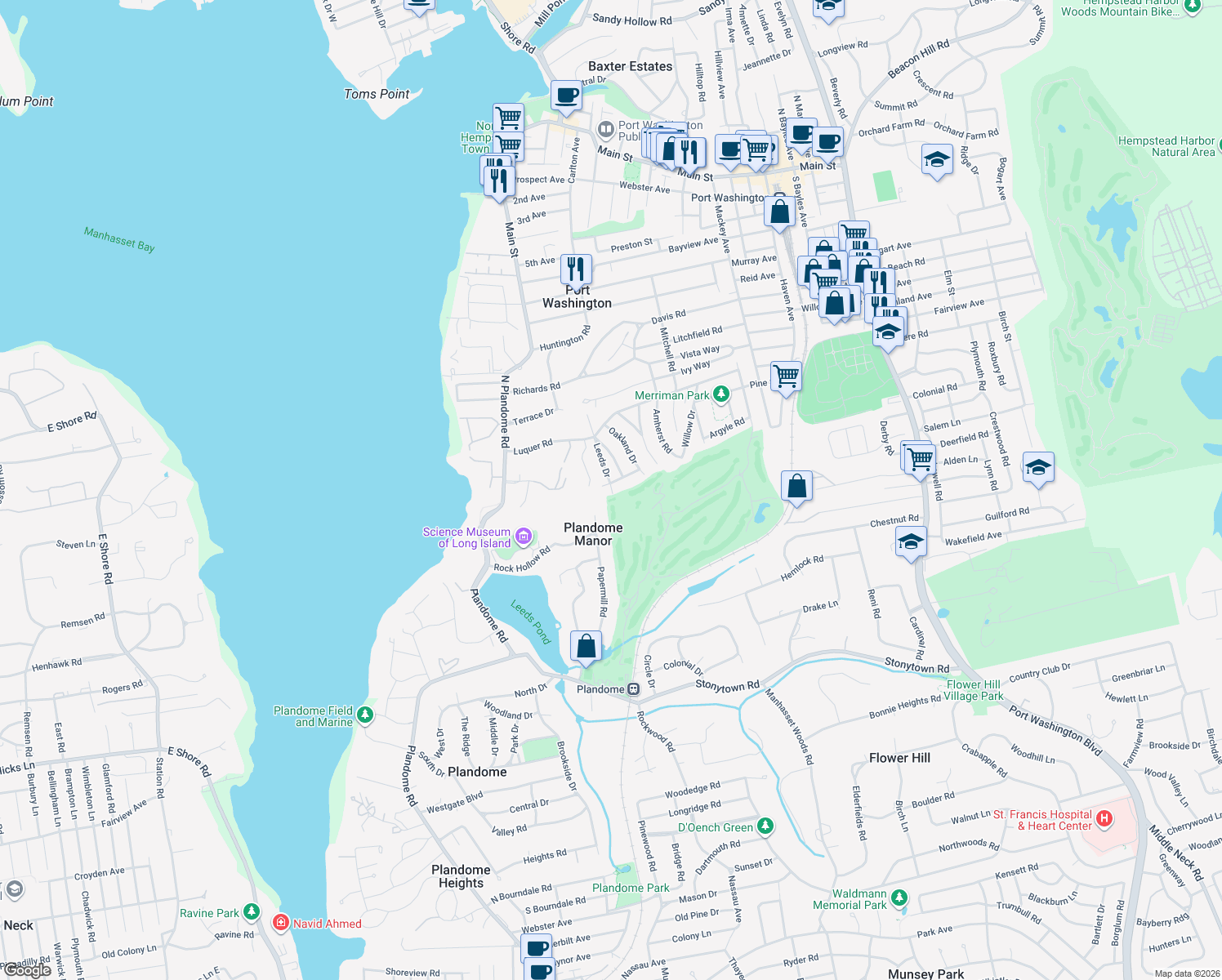 map of restaurants, bars, coffee shops, grocery stores, and more near 27 Leeds Drive in Port Washington