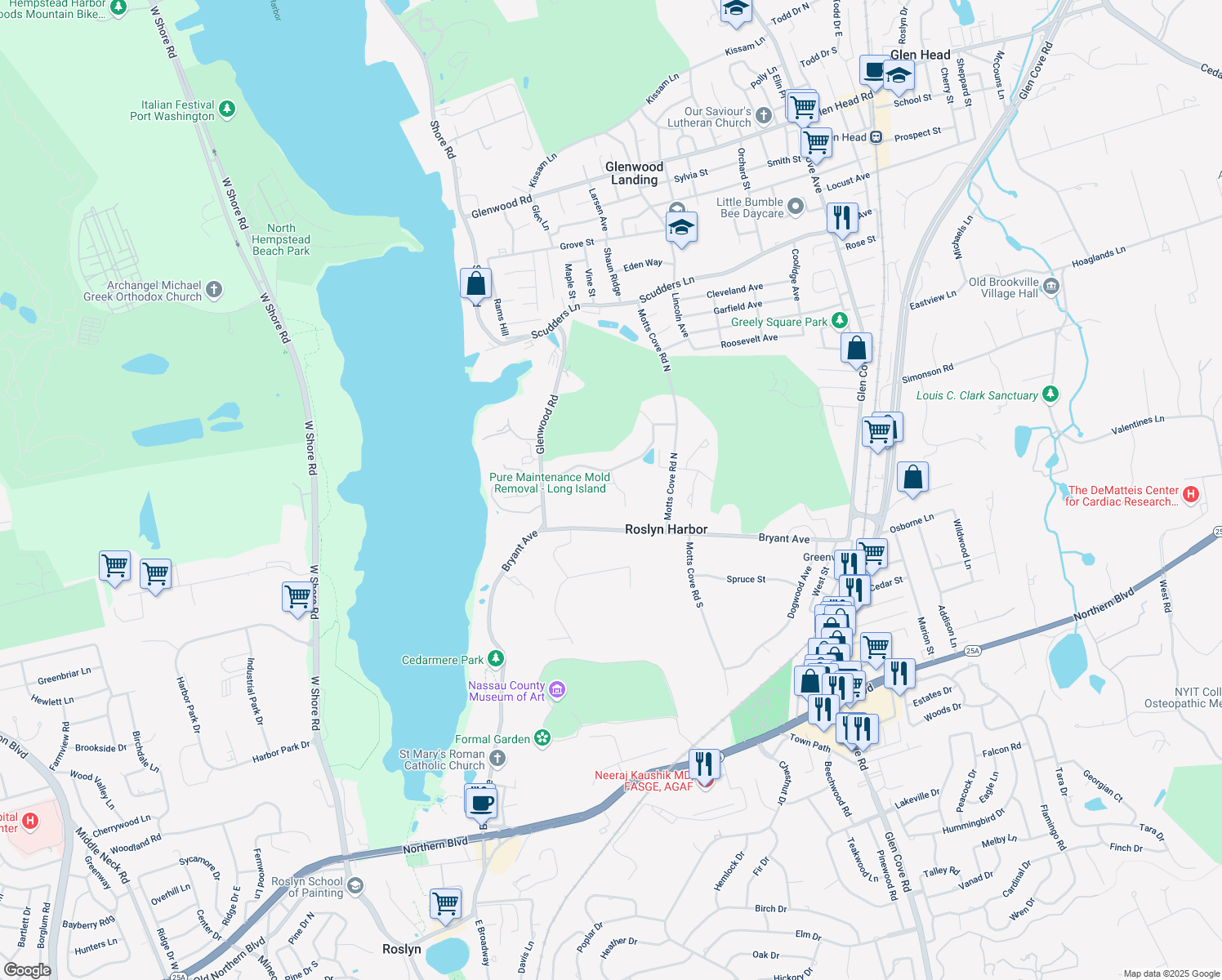 map of restaurants, bars, coffee shops, grocery stores, and more near 10 Montrose Drive in Roslyn