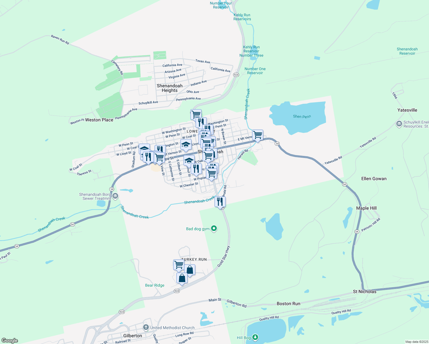 map of restaurants, bars, coffee shops, grocery stores, and more near 221 S Main St in Shenandoah