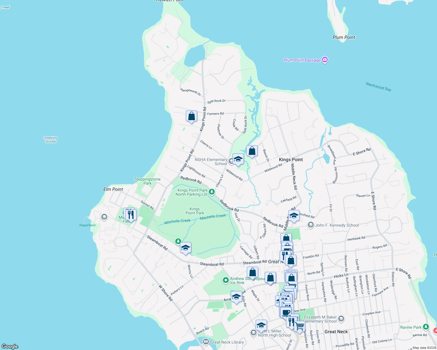 map of restaurants, bars, coffee shops, grocery stores, and more near 2 Tideway Street in Kings Point