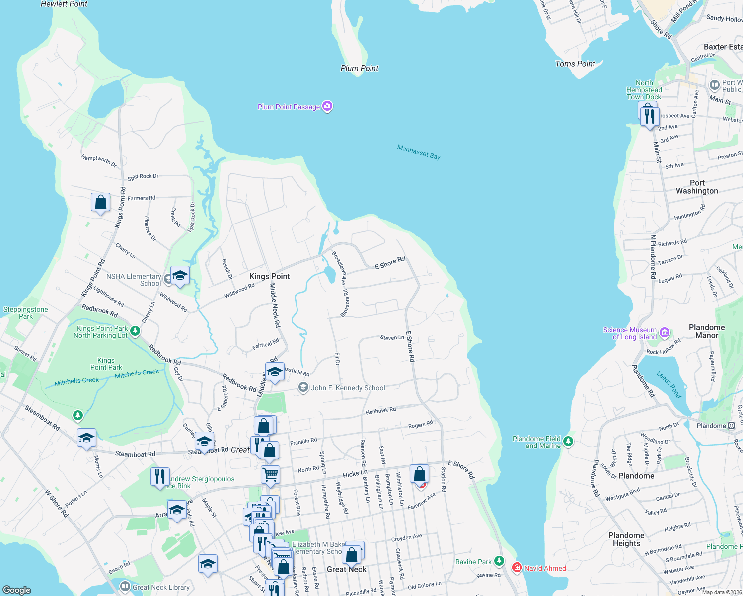 map of restaurants, bars, coffee shops, grocery stores, and more near 11 Cow Lane in Kings Point