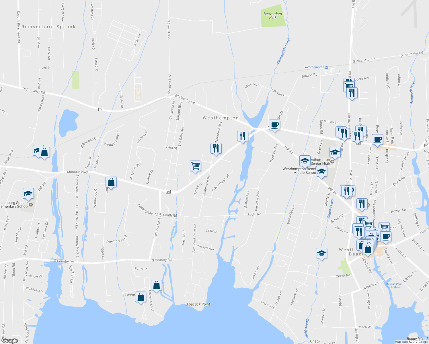 map of restaurants, bars, coffee shops, grocery stores, and more near 83 Montauk Hwy in Westhampton