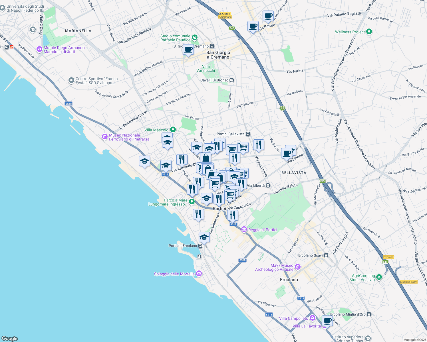 map of restaurants, bars, coffee shops, grocery stores, and more near 54 Via Guglielmo Marconi in Portici