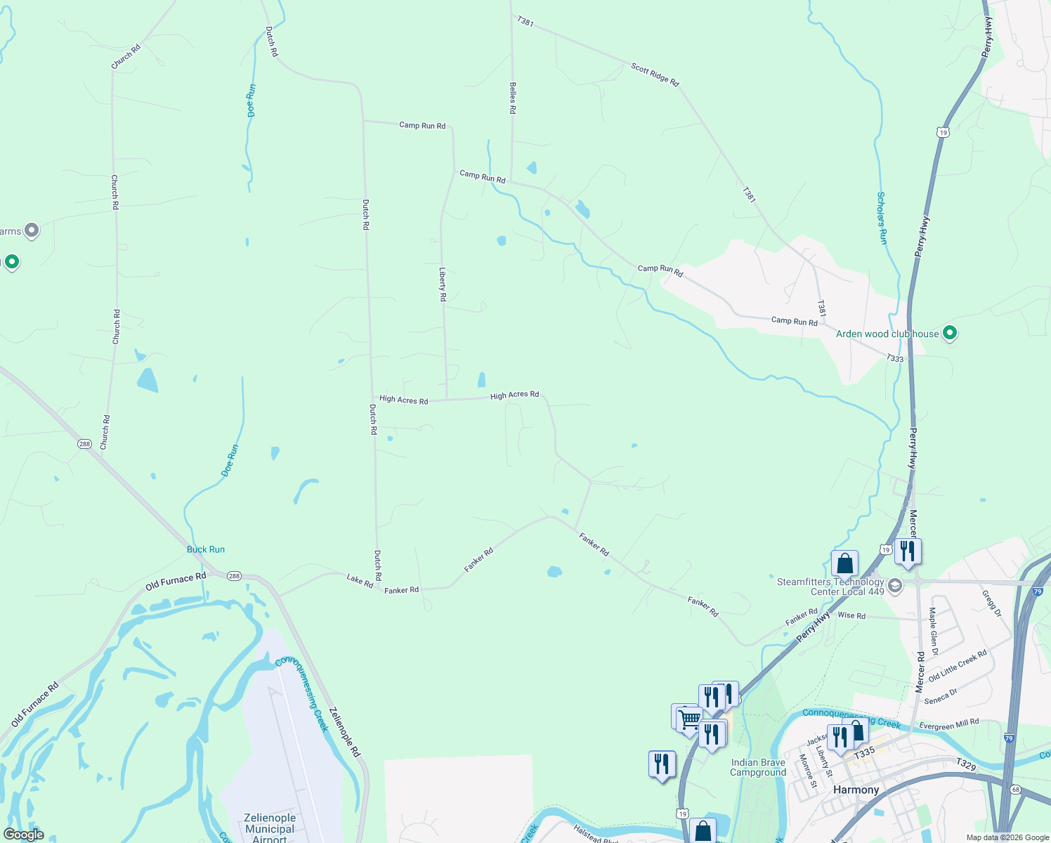 map of restaurants, bars, coffee shops, grocery stores, and more near 100 Mathew Drive in Harmony