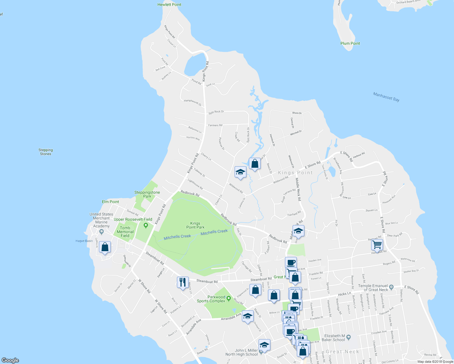 map of restaurants, bars, coffee shops, grocery stores, and more near Cherry Lane in Kings Point