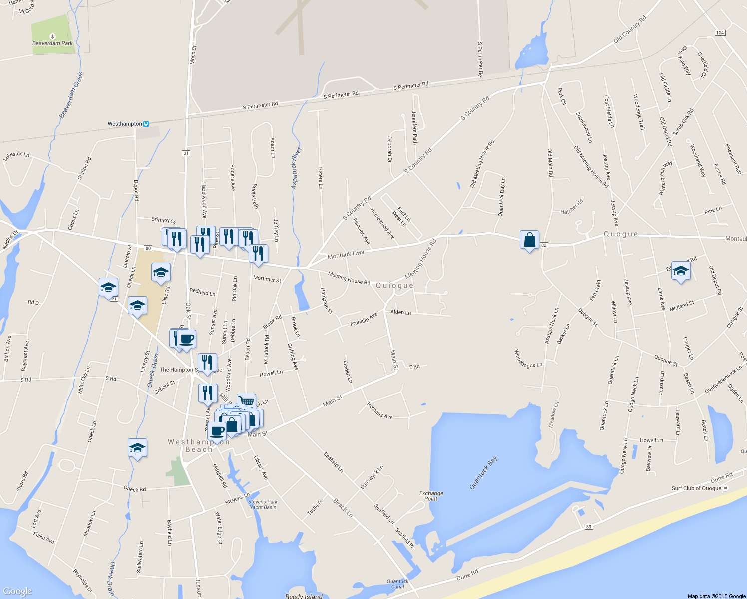 map of restaurants, bars, coffee shops, grocery stores, and more near 9 Ocame Avenue in Westhampton Beach
