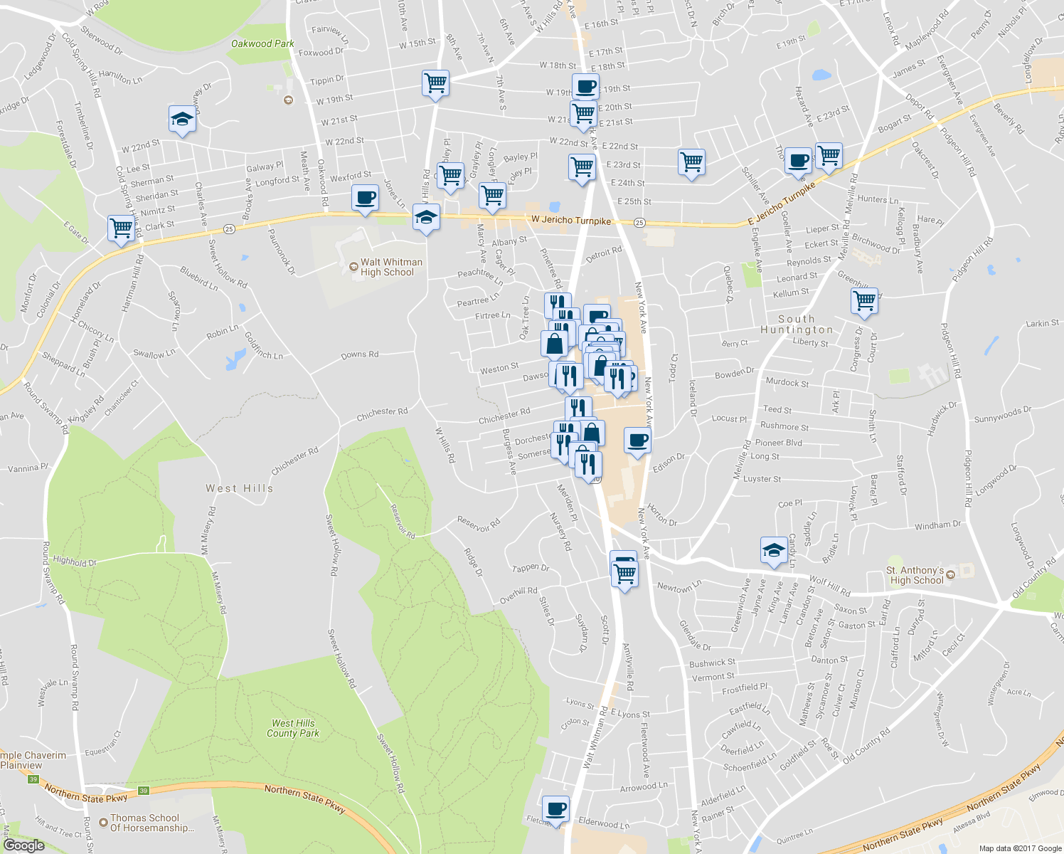 map of restaurants, bars, coffee shops, grocery stores, and more near 26 Norwich Street in Huntington Station