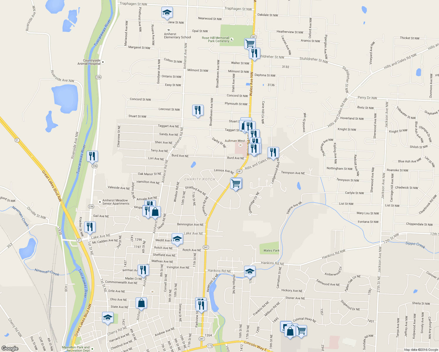 map of restaurants, bars, coffee shops, grocery stores, and more near 1827 Coventry Road Northeast in Massillon