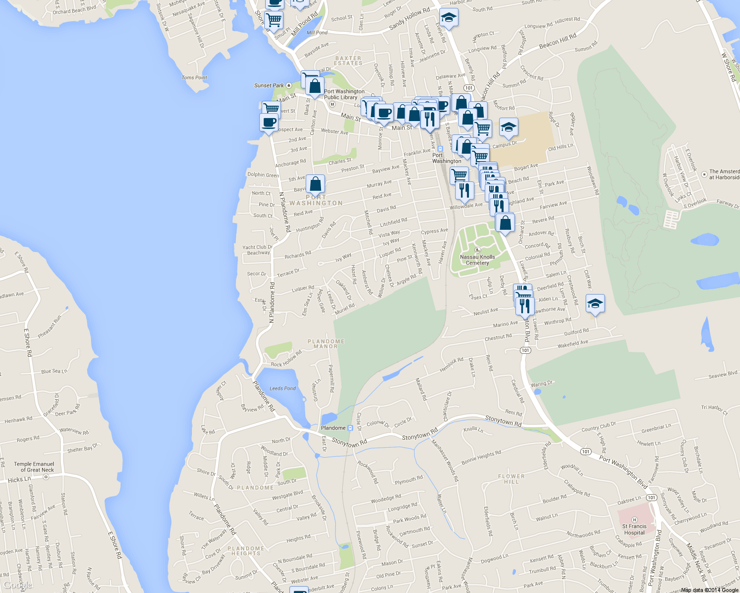map of restaurants, bars, coffee shops, grocery stores, and more near 45 Amherst Rd in Port Washington