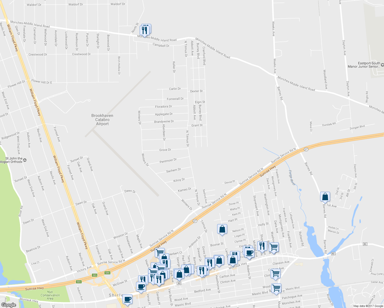 map of restaurants, bars, coffee shops, grocery stores, and more near 203 North Titmus Drive in Mastic
