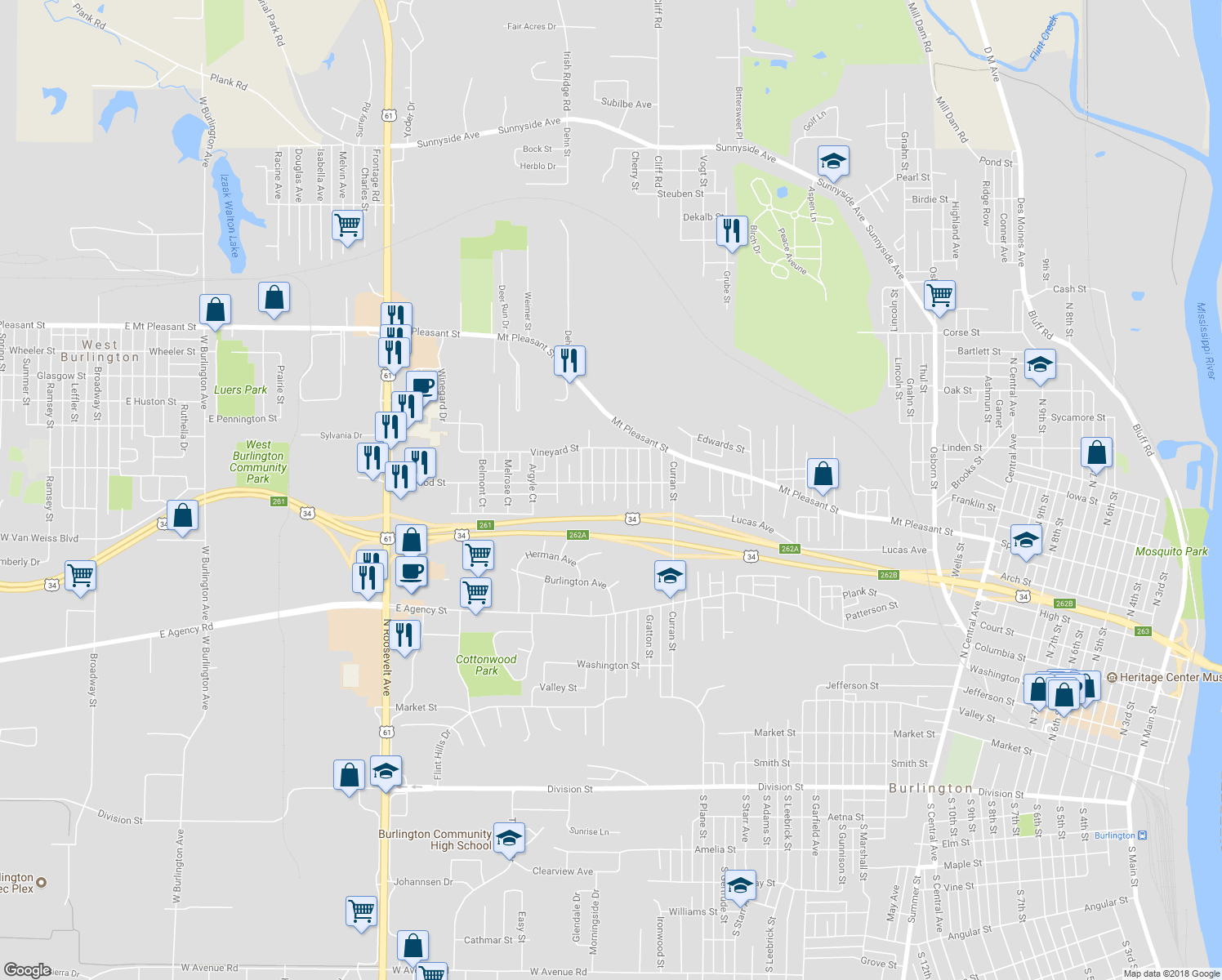 map of restaurants, bars, coffee shops, grocery stores, and more near 832 Shields Street in Burlington