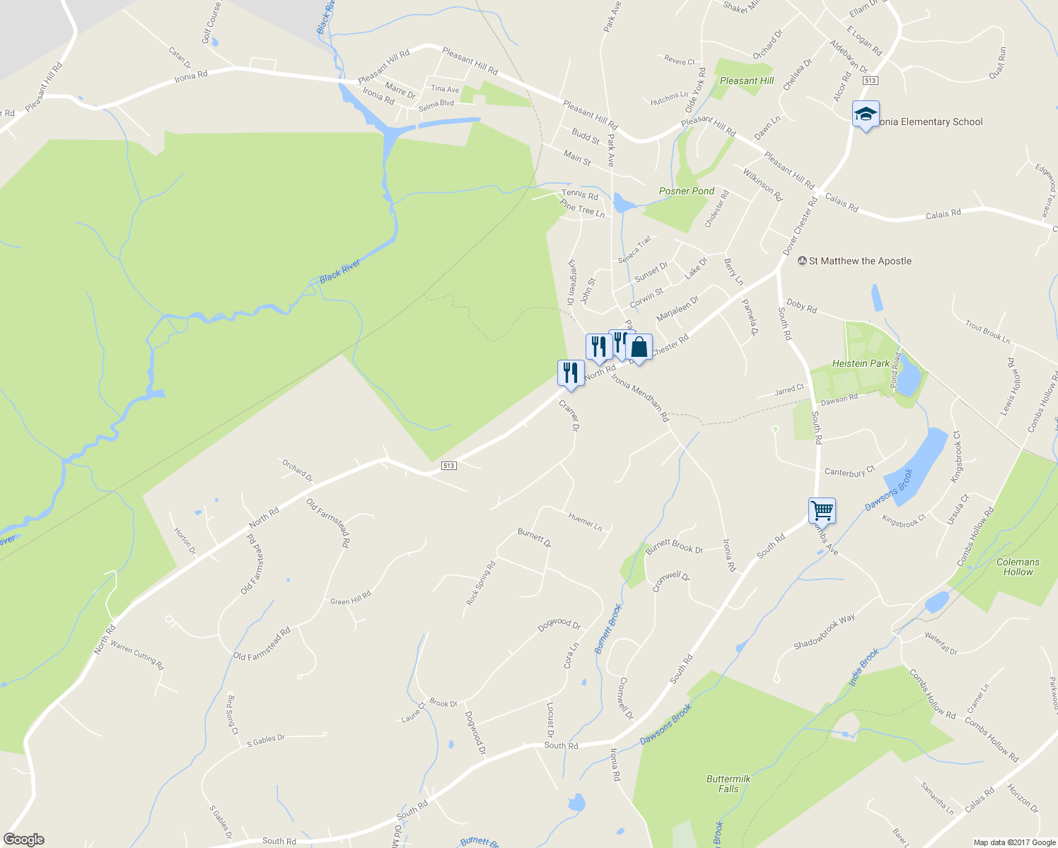 map of restaurants, bars, coffee shops, grocery stores, and more near 396 North Road in Chester