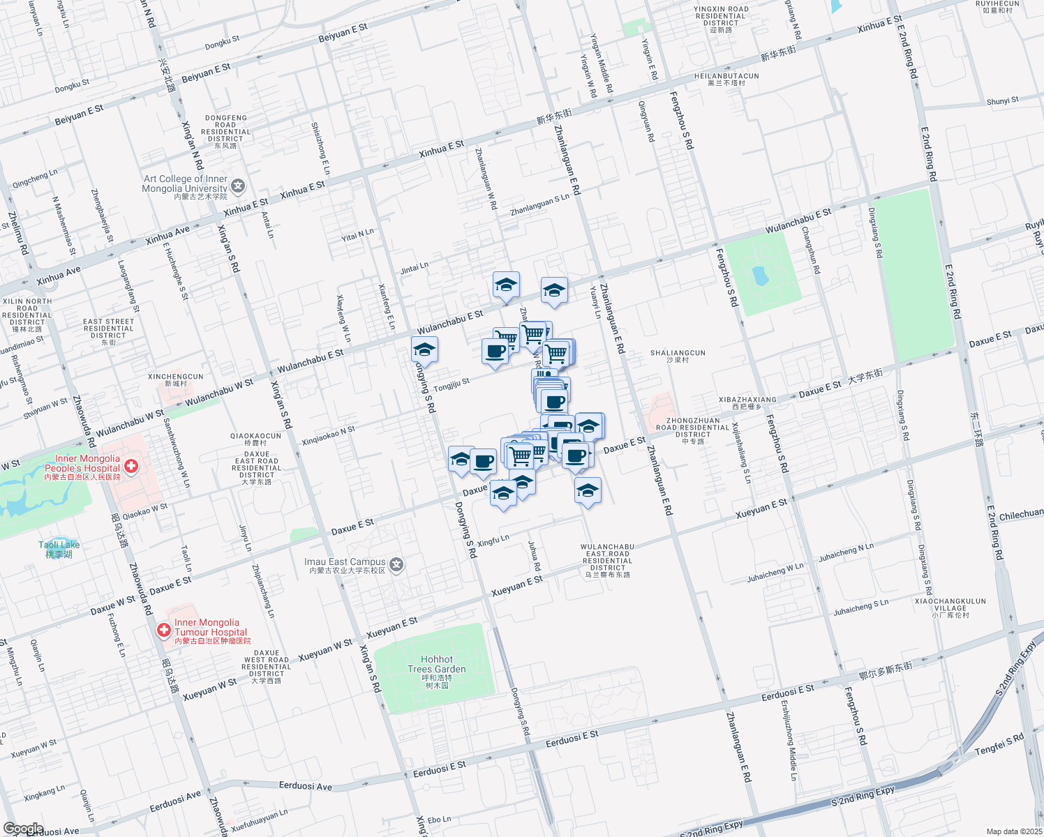map of restaurants, bars, coffee shops, grocery stores, and more near in Hohhot