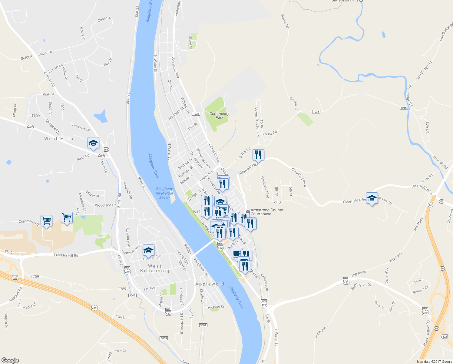 map of restaurants, bars, coffee shops, grocery stores, and more near 126 Queen Street in Kittanning