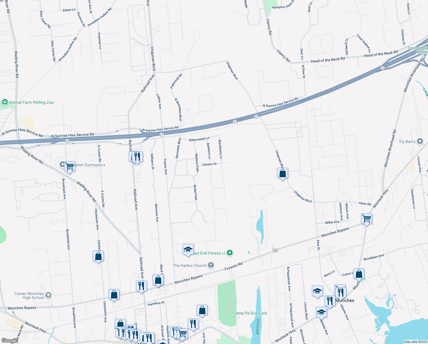 map of restaurants, bars, coffee shops, grocery stores, and more near 19 Barberry Lane in Center Moriches