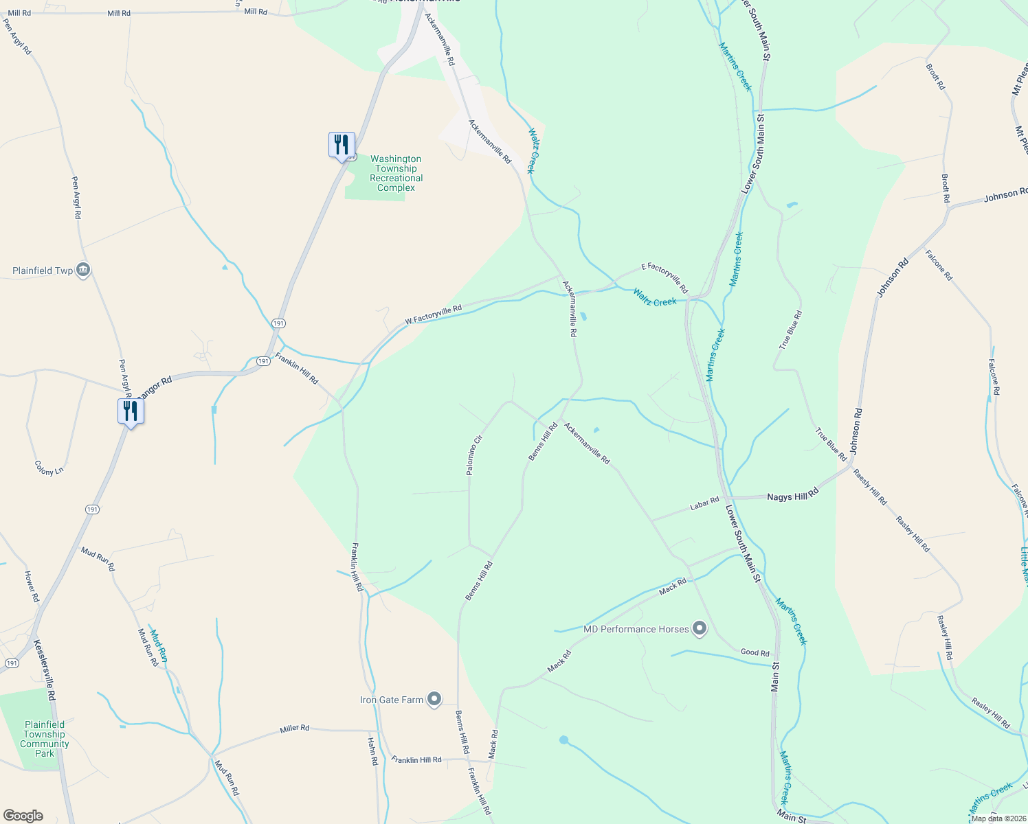 map of restaurants, bars, coffee shops, grocery stores, and more near 149 Palomino Cir in Bangor