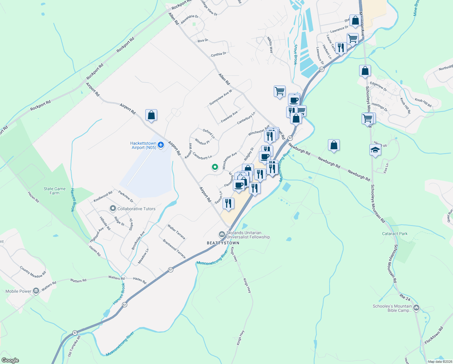 map of restaurants, bars, coffee shops, grocery stores, and more near 5 Flemming Place in Hackettstown