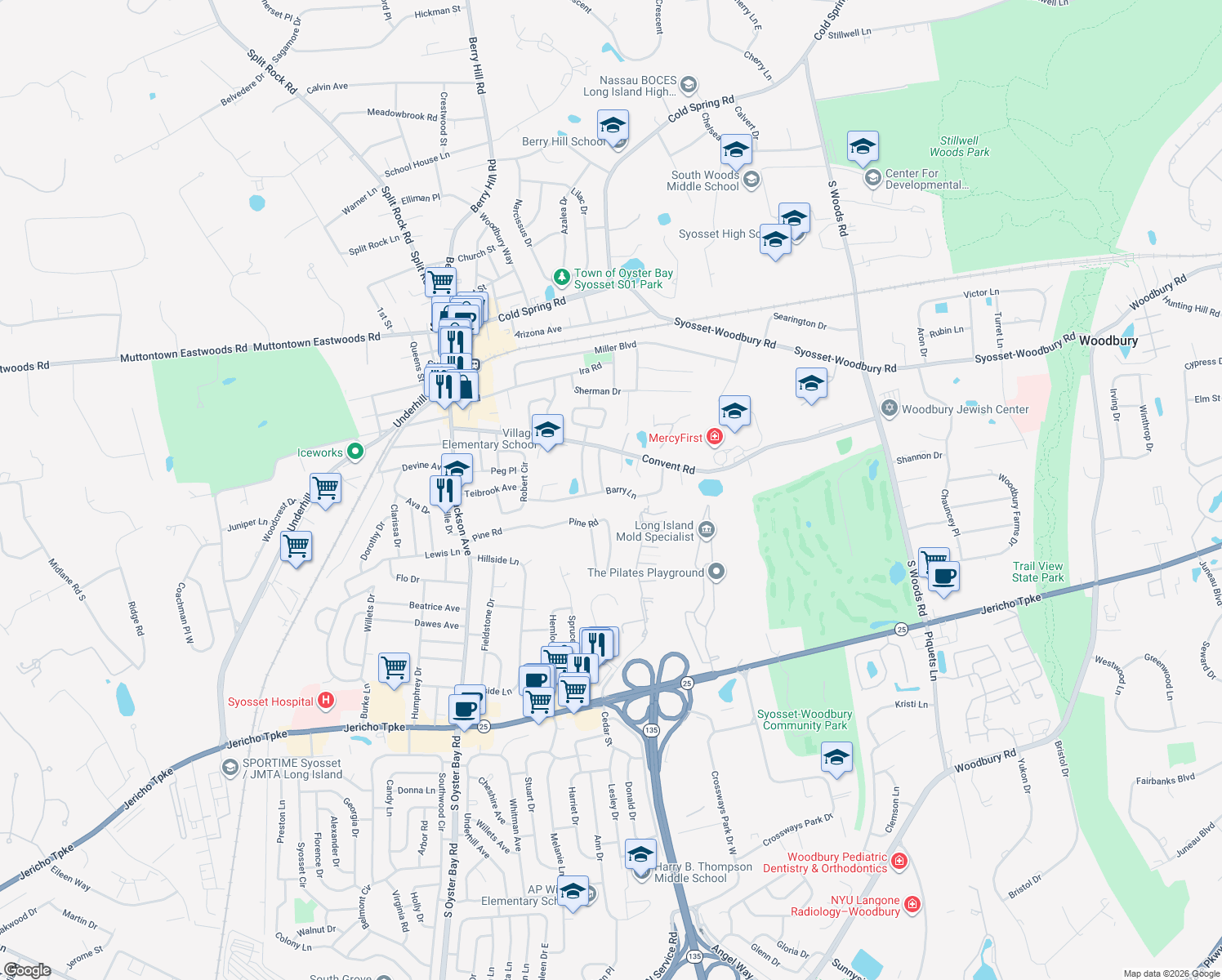 map of restaurants, bars, coffee shops, grocery stores, and more near 72 Barry Lane in Syosset
