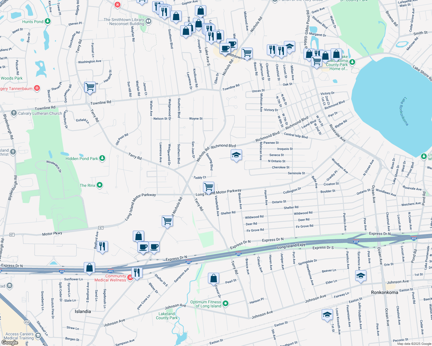 map of restaurants, bars, coffee shops, grocery stores, and more near 77 Teddy Court in Ronkonkoma