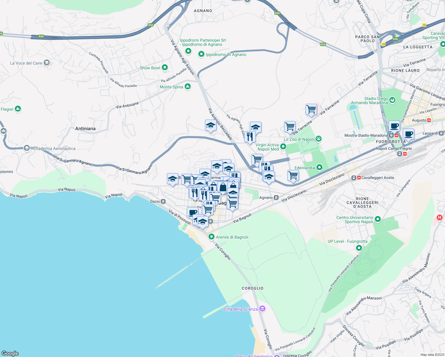 map of restaurants, bars, coffee shops, grocery stores, and more near 111 Viale della Liberazione in Napoli
