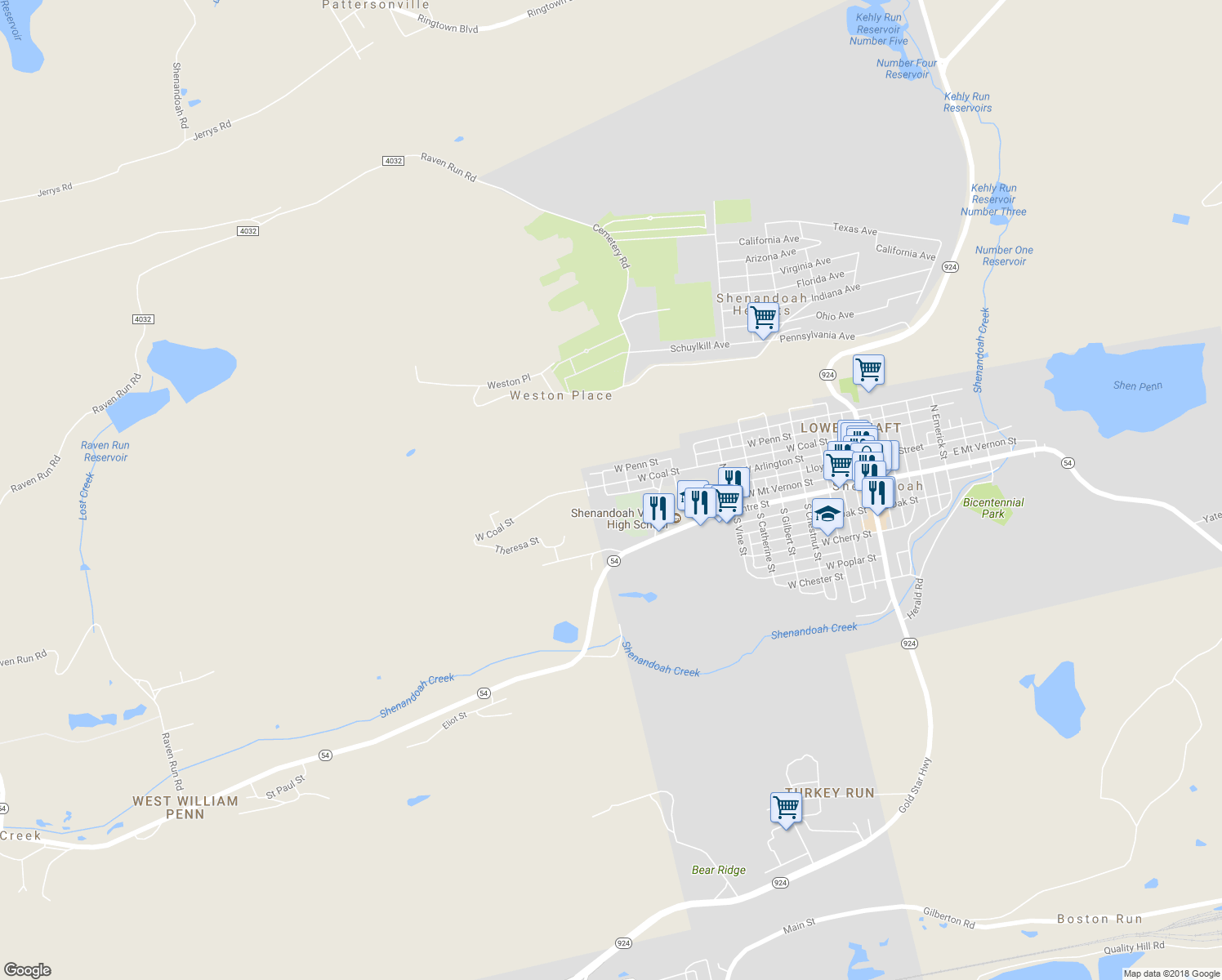 map of restaurants, bars, coffee shops, grocery stores, and more near 972 West Coal Street in Shenandoah