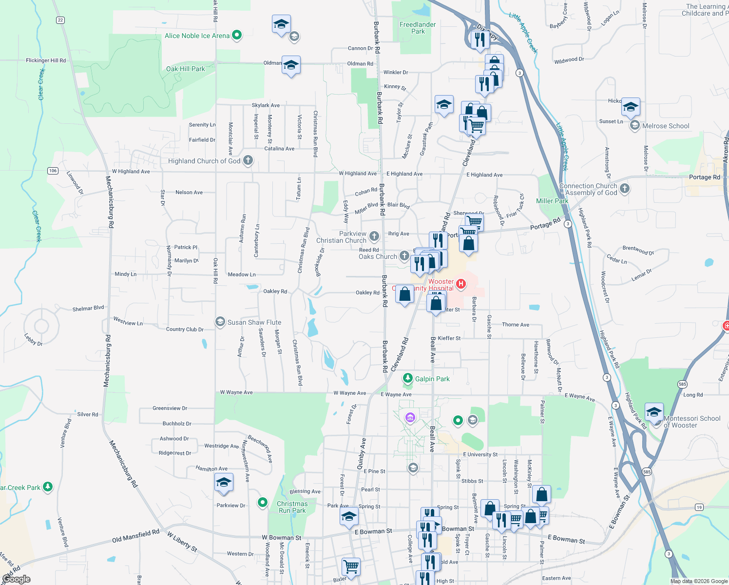 map of restaurants, bars, coffee shops, grocery stores, and more near 165 Oakley Road in Wooster