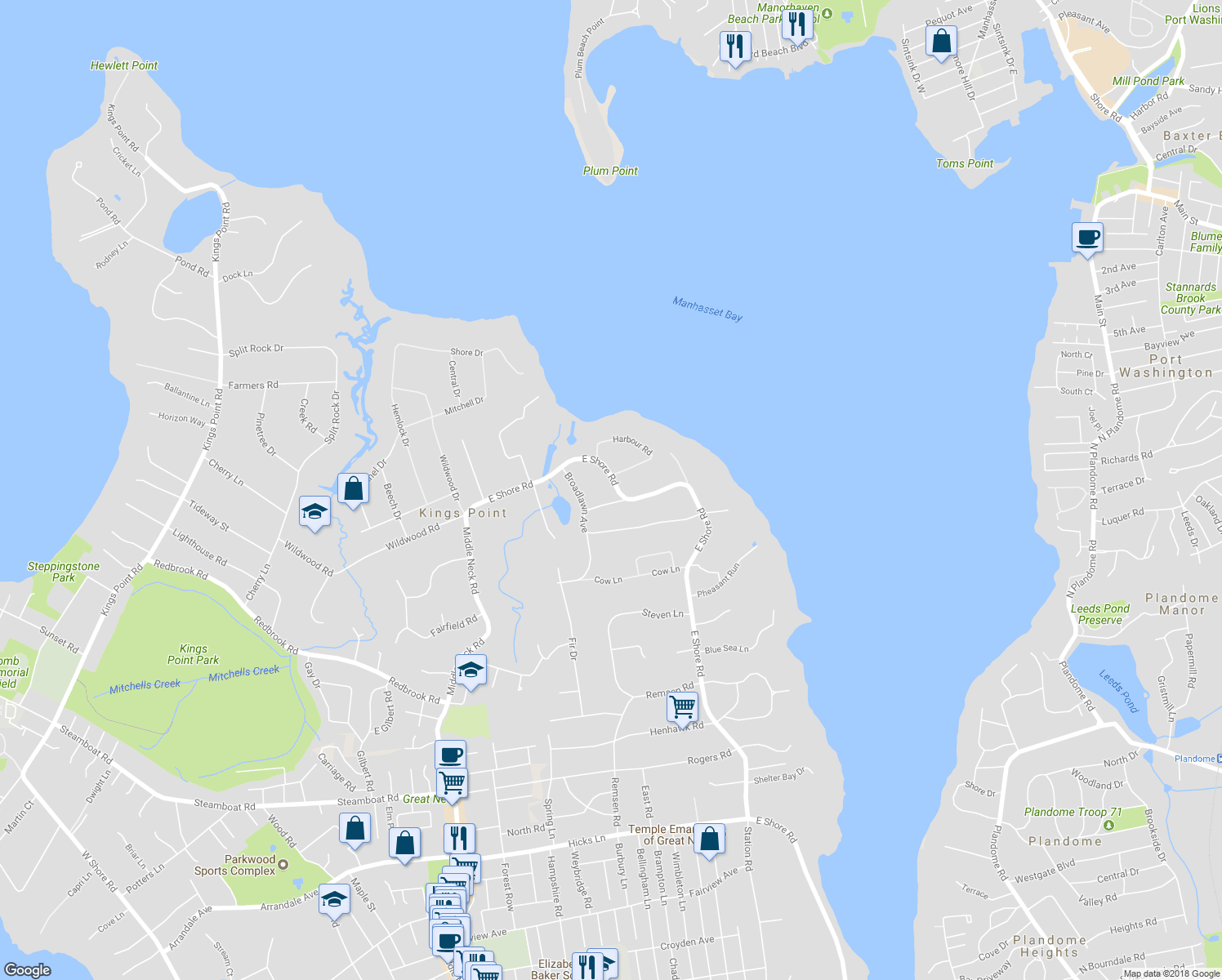 map of restaurants, bars, coffee shops, grocery stores, and more near 545 East Shore Road in Kings Point