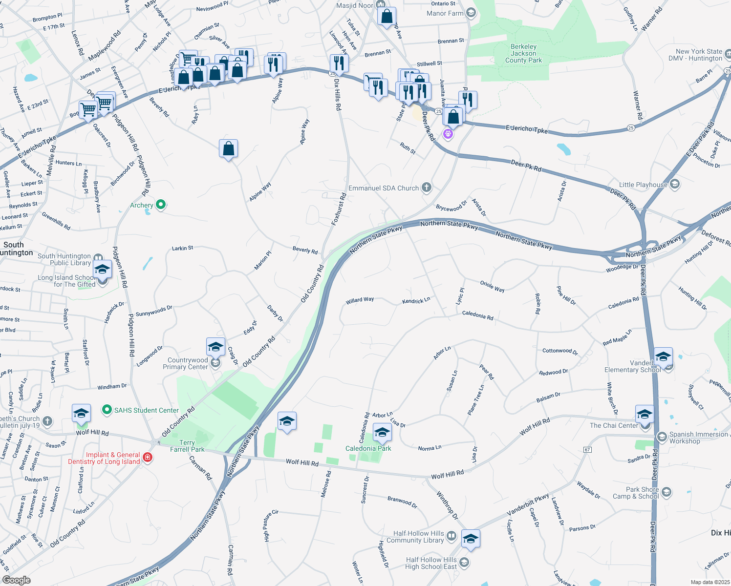 map of restaurants, bars, coffee shops, grocery stores, and more near 19 Willard Way in Dix Hills