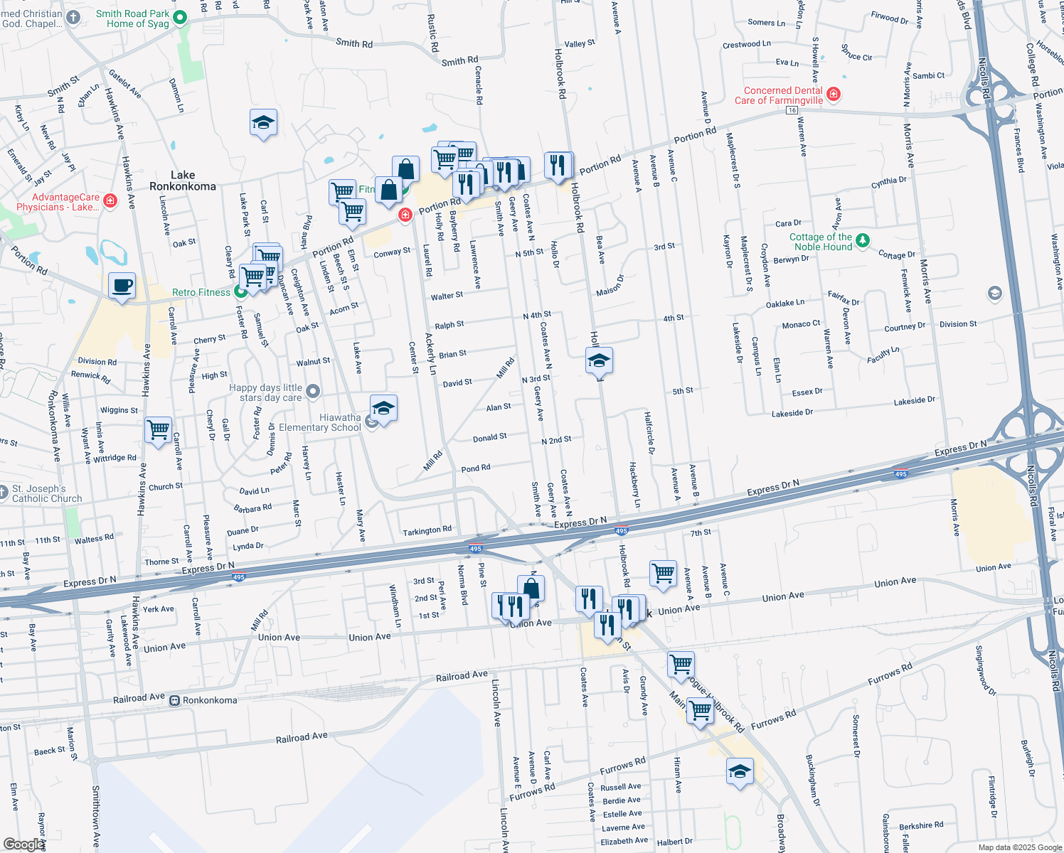 map of restaurants, bars, coffee shops, grocery stores, and more near 127 Smith Avenue in Holbrook