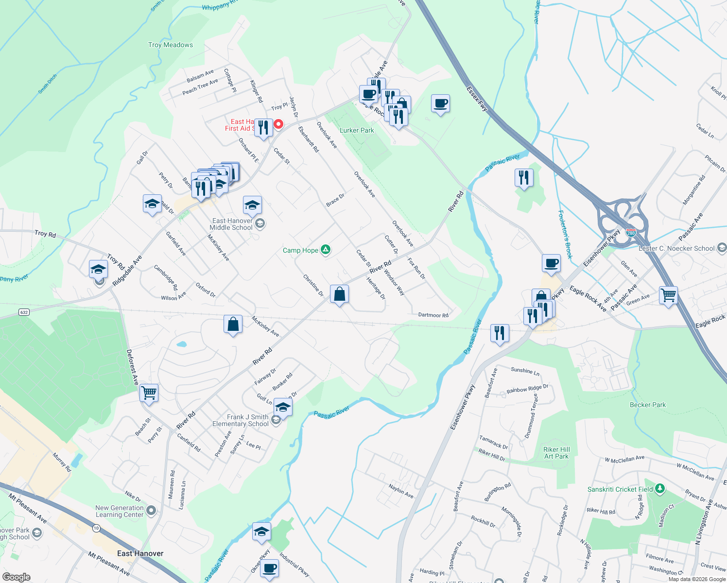 map of restaurants, bars, coffee shops, grocery stores, and more near 5 Raquel Court in East Hanover