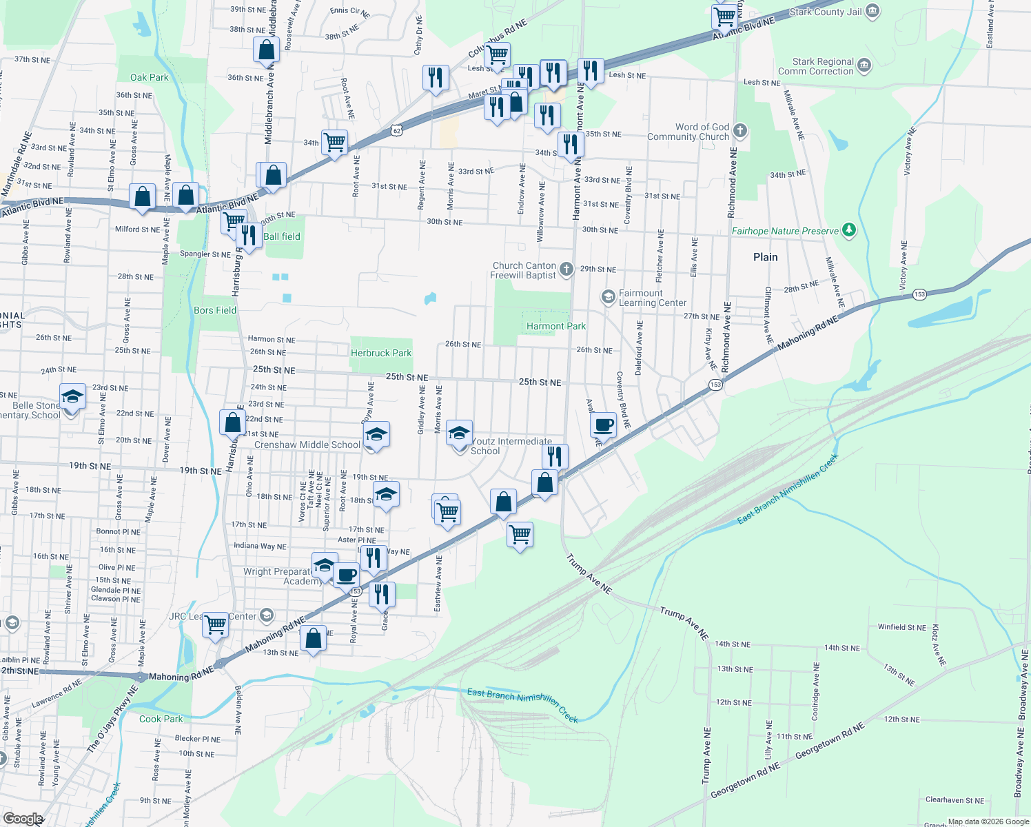 map of restaurants, bars, coffee shops, grocery stores, and more near 2232 Endrow Avenue Northeast in Canton