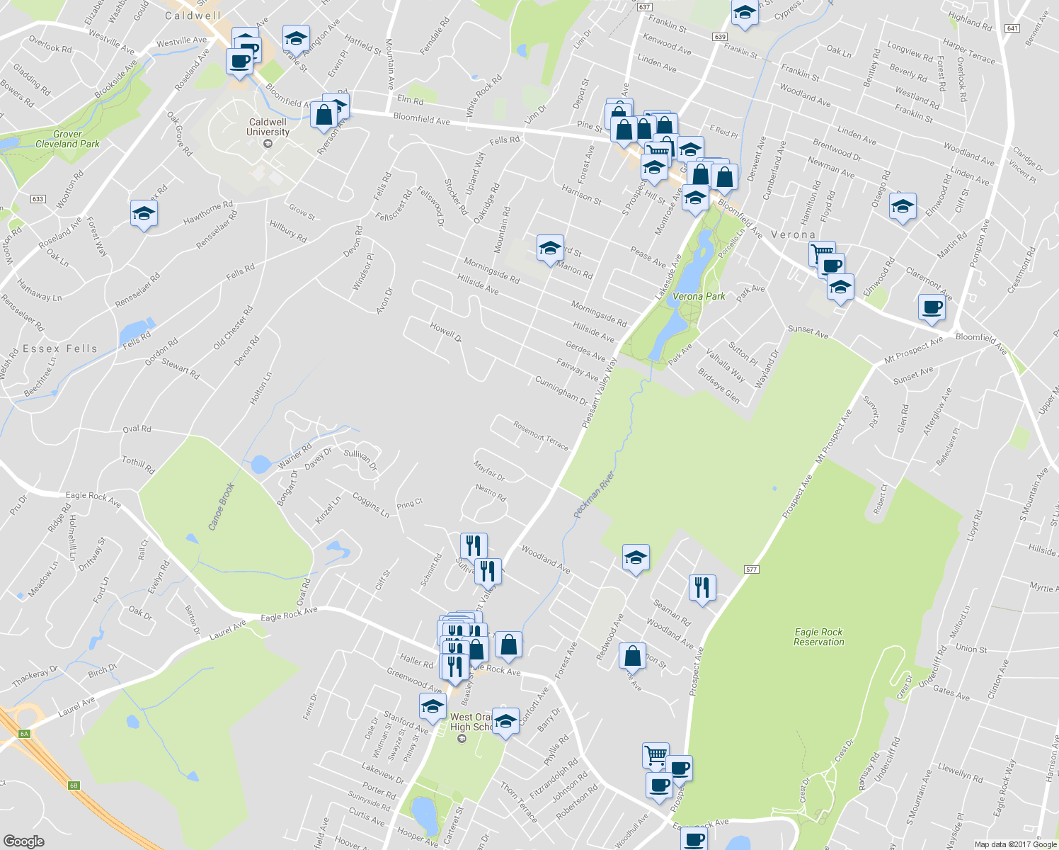 map of restaurants, bars, coffee shops, grocery stores, and more near 25 Rosemont Terrace in West Orange