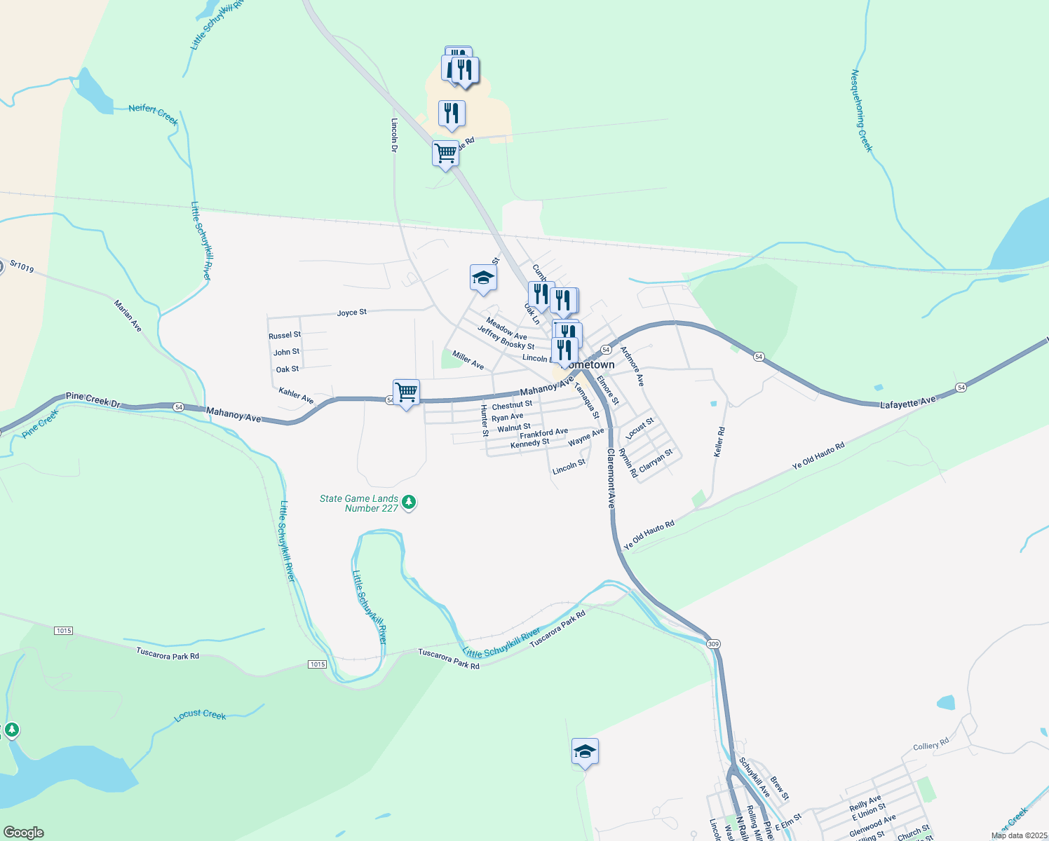 map of restaurants, bars, coffee shops, grocery stores, and more near 43 Ryan Avenue in Tamaqua